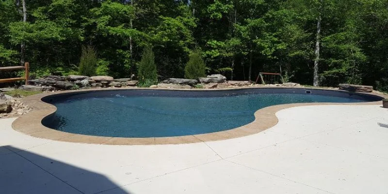 a pool with a slide and trees in the background.