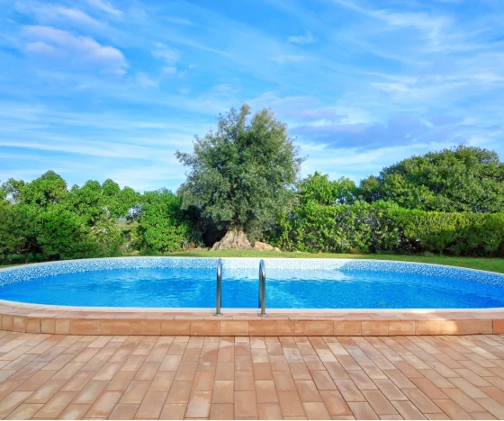 a large blue swimming pool surrounded by trees. - Prestige Pools - Prestige Pools a large blue swimming pool surrounded by trees.