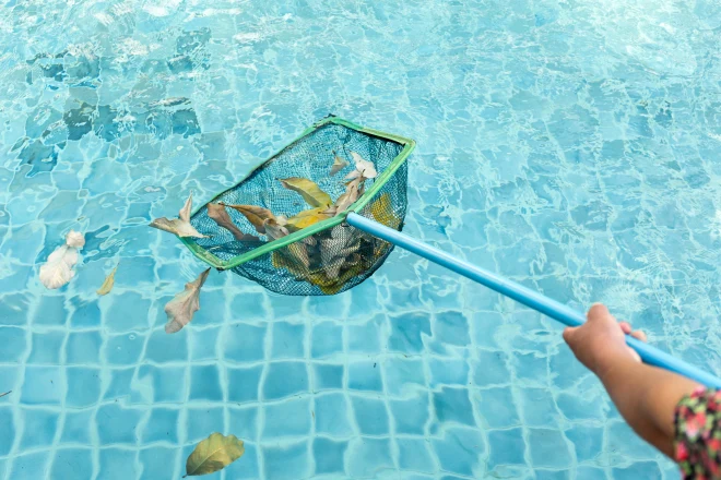 A person holding a net in a swimming pool. - Prestige Pools A person using a manual pool skimmer to remove leaves from the water's surface