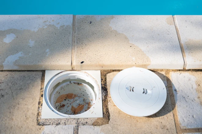A sink in a pool with a hole in it. - Prestige Pools A pool skimmer basket with the lid off and leaves remove